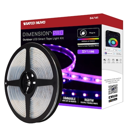 Nuvo Dimension Pro Tape Light Strip 32 ft. RGB + Tunable White - Plug - IP65 - Starfish IOT - RF Remote 64/141